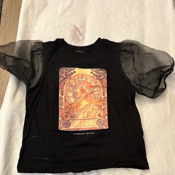 Forever 21 Black Tee with Sheer Sleeves and Art Print - Picture 1 of 6